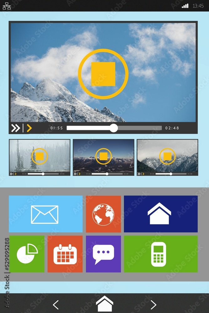 Poster graphic image of video player with various icons