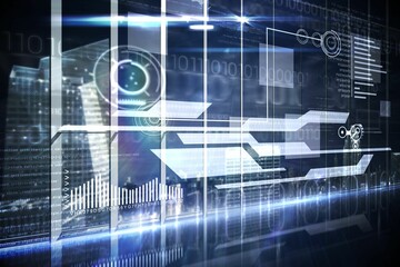 Hologram interface in office overlooking city