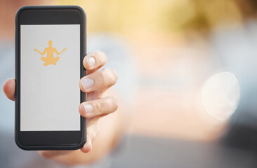 Hand with phone on yoga online app and screen with mockup outdoor. Exercise, meditation and workout application or software available for download on 5g mobile smartphone for health and wellness