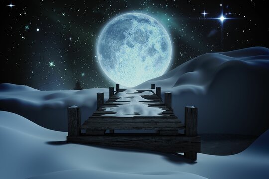 Wooden bridge on snow covered mountain against full moon