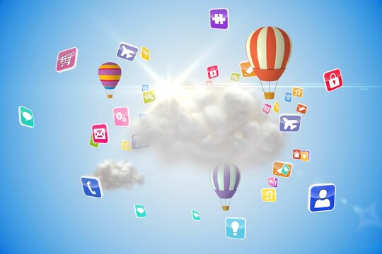 Cloud computing graphic with hot air balloons
