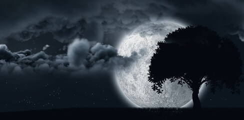 Fototapeta premium Moon shining behind a tree and clouds 