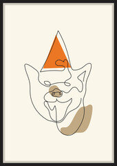 Happy dog face with birthday cap minimal line art boho handdrawn illustration one line style drawing