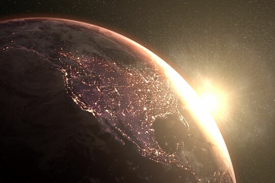 Rising sun behind planet Earth