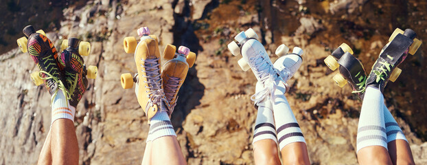 Roller skates, fun and adventure travel with friends group lifting legs and showing off retro...
