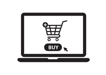 Online shopping with laptop. Shopping cart on display. Buy button. vector illustration