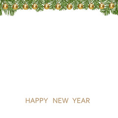 New Year border green pine branches and golden New Year balls garlands on white background