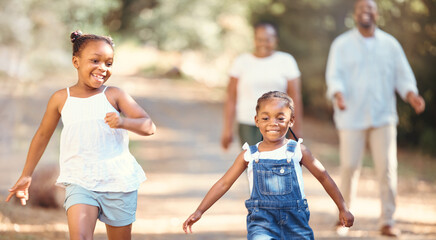 Black family, love and fun children run with smile, play and outdoor adventure with mother and...