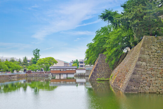 Fukui castle ruins at Fukui prefecture, Japan. The Kawara Gomon was the main gate into the Fukui castle ruins over the Gohonjobashi Bridge and within the original citadel.