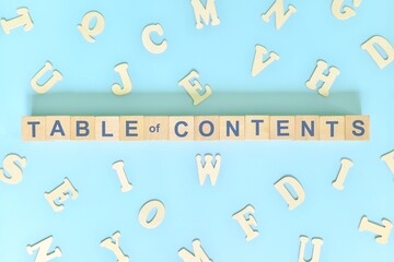 Table of contents part of a book concept. Wooden blocks typography word flat lay in blue background.