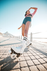 Girl relax while roller skating, travel or journey on sidewalk for fitness, health and training exercise with flare. Woman on fun city adventure traveling on roller blades for workout bottom view