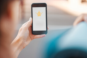 Yoga, meditation and peace phone app of a online wellness, spiritual and health website. 5g internet, technology and mobile screen showing fitness studio logo with a woman ready to start a workout