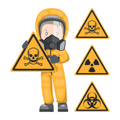 Industrial worker with sign warning of toxic, radioactive and biological material hazards. Caution pictogram and icon. Industrial safety and occupational health at work