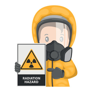 Industrial worker with radioactive hazard sign warning. Pictogram and icon of caution of radioactive materials. Protective suit and respirators. Industrial safety and occupational health at work