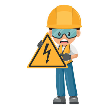Industrial worker with electrical hazard sign warning. Caution pictogram and icon. Worker with personal protective equipment. Industrial safety and occupational health at work