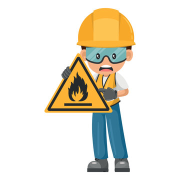 Industrial worker with flammable material hazard sign warning. Caution pictogram and icon. Worker with personal protective equipment. Industrial safety and occupational health at work
