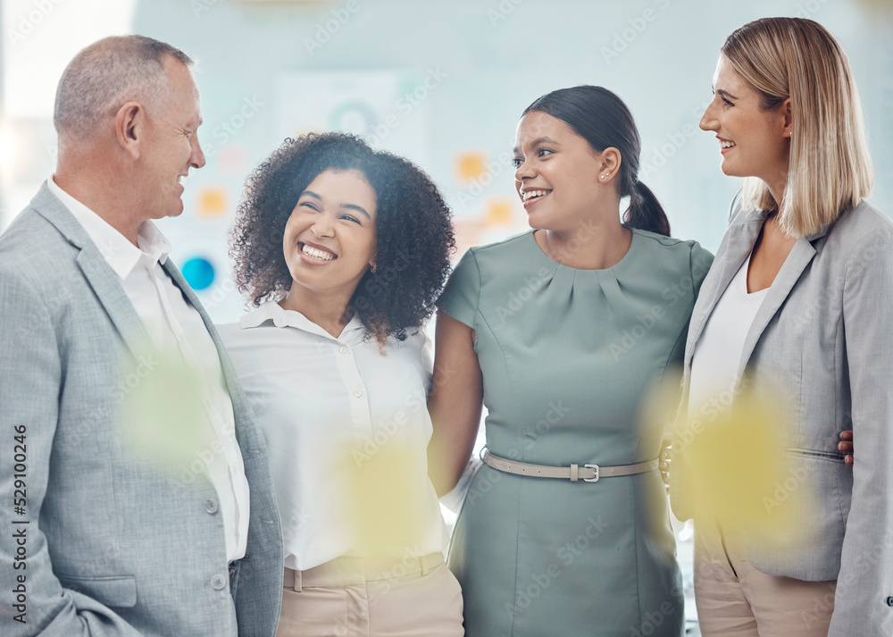 Poster teamwork, collaboration and diversity with a team of business people in an office together with a sm