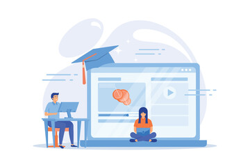 Students using e-learning platform video on laptop and graduation cap. Online education platform, e-learning platform, online teaching concept. flat vector modern illustration