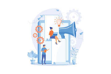 Tablet with loudspeaker and team working on white paper. ICO investment document, startup business strategy, product development plan concept, violet palette. flat vector modern illustration