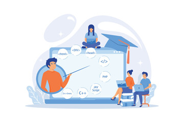 Script writing, software engineering. Coding workshop, code created workshop, online programming course, apps and games development class concept. flat vector modern illustration