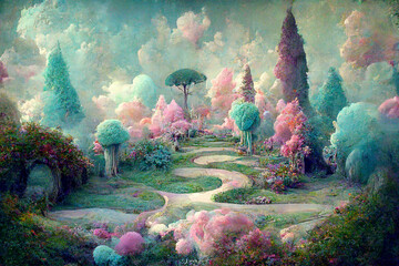 Fairytale forest, magic dreamy forest, digital illustration
