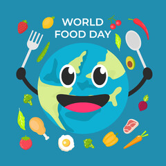 flat world food day illustration design with happy the earth holding fork and spoon