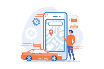 A man near huge smartphone with city map and gps tags on the screen calls a taxi. Navigation apps, smart public transport, IoT and smart city concept, violet palette. flat vector modern illustration