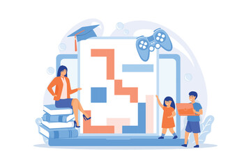 Entertaining studying, logical thinking development. Educational game, gaming education platform, gamified learning system, play and learn concept. flat vector modern illustration