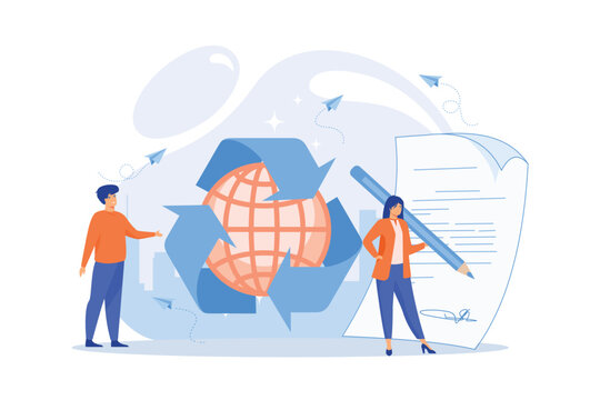 Specialists writing new mandatory recycling laws for country. Government mandated recycling, ecological regulations, local recycling laws concept. flat vector modern illustration