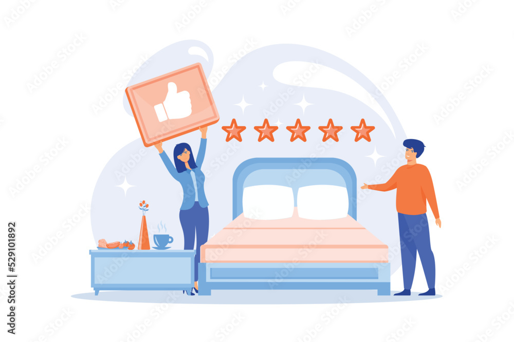 Wall mural Luxurious service, satisfied customer feedback, positive review. Bed and breakfast, overnight home accommodation, bed and breakfast hotel concept. flat vector modern illustration