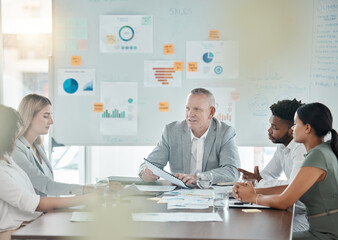 Meeting, training and collaboration with a manager, leader or CEO and his team in a workshop or presentation. Teamwork, learning and coaching in the boardroom for company growth or future development