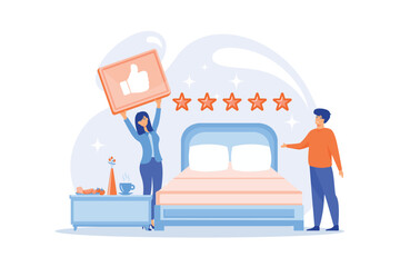 Luxurious service, satisfied customer feedback, positive review. Bed and breakfast, overnight home accommodation, bed and breakfast hotel concept. flat vector modern illustration - obrazy, fototapety, plakaty