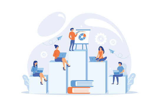 Employees with laptops learning at professional trainig. Internal education, employee education, professional development program concept. flat vector modern illustration