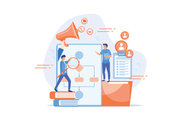 Businessmen with magnifier looking at business process flow chart. Business rules and regulation, main company policy, IT business analysis concept. flat vector modern illustration