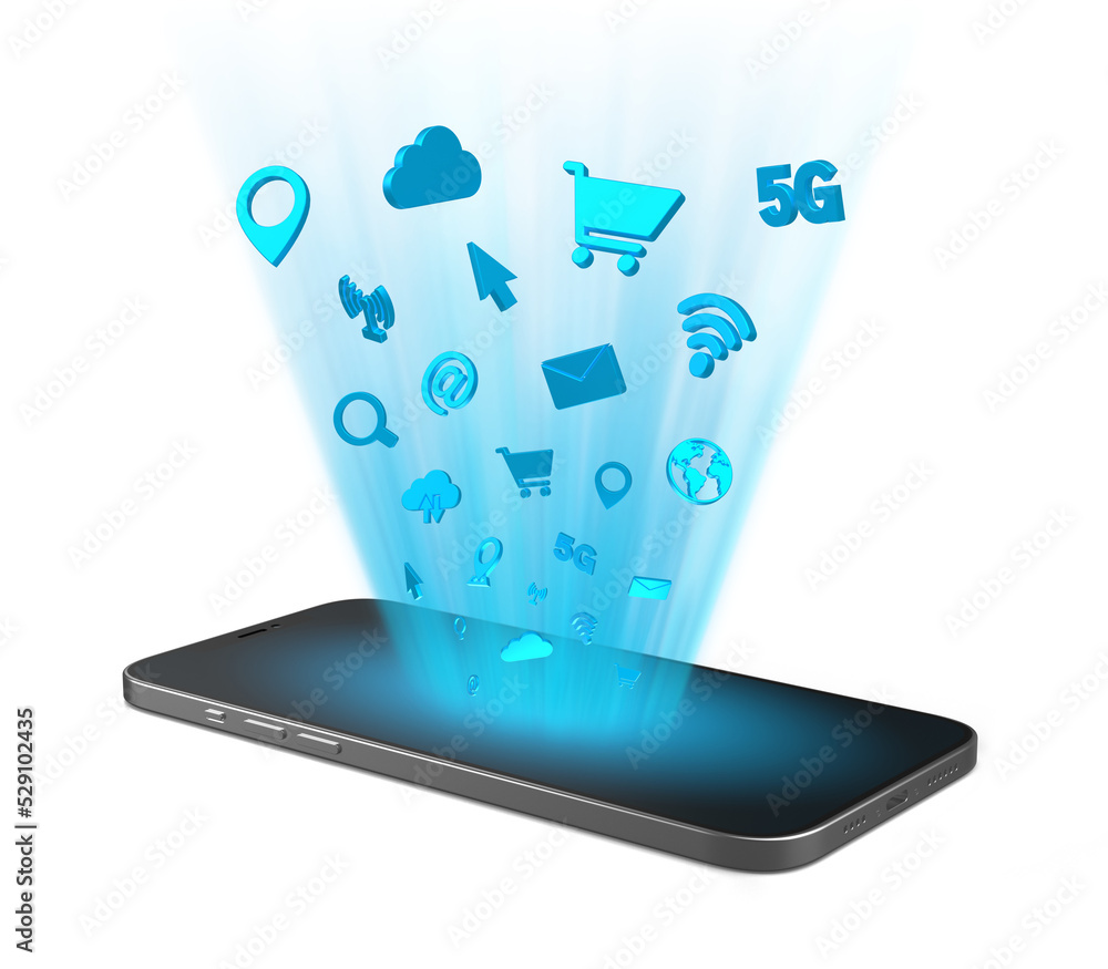 Poster smartphone that projects internet icons from the screen. phone with internet symbols on isolated bac