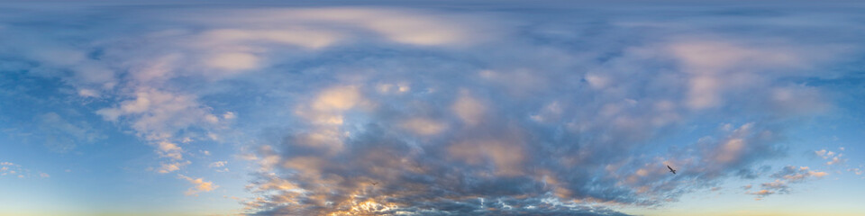 Dark blue sunset sky panorama with Cumulus clouds. Seamless hdr pano in spherical equirectangular...
