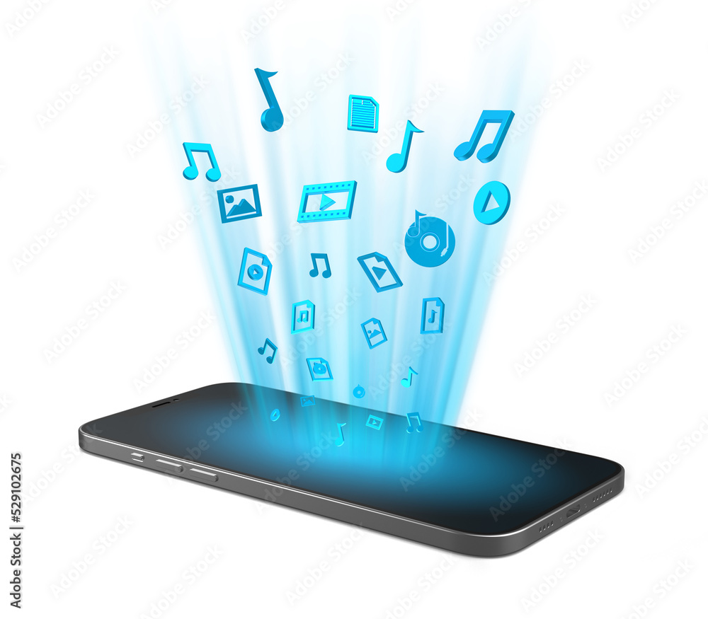 Poster smartphone that projects file data icons from the screen. phone with file symbols on isolated backgr