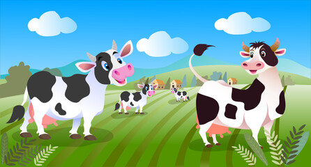 Milk cows grazing in pasture, eating grass. Farm domestic animals, heifers in grassland. Free-range cattle on farmland. Country field. Rural landscape. Flat  illustration
