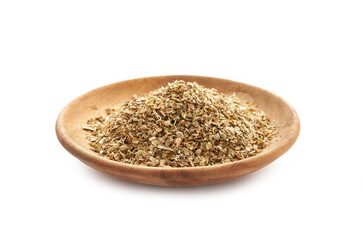 dry oregano in wood plate isolated on white background. dry oregano in a wood bowl isolated on white background.                          