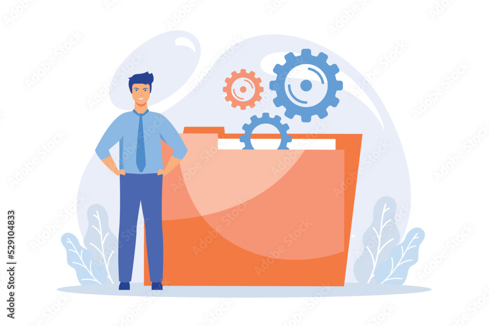 Poster information storage, files folder. archive, optimization, organization isolated flat design element.