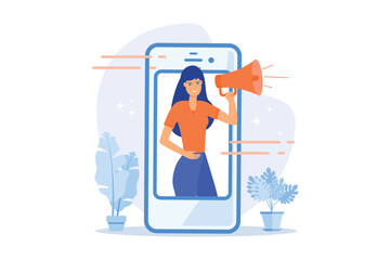 Mobile marketing, SMM. Social media network advertisement. Smartphone, app, notification. Female marketer holding megaphone flat character. flat vector modern illustration