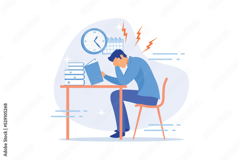 Wall mural Terrible time crunch, cramming material before tests, examination. Exams and test results, personal exam timetable, exam stress and anxiety concept. flat vector modern illustration