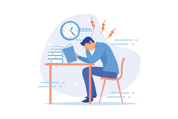 Terrible time crunch, cramming material before tests, examination. Exams and test results, personal exam timetable, exam stress and anxiety concept. flat vector modern illustration - obrazy, fototapety, plakaty