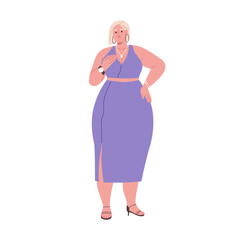 Pretty fat plump woman in evening dress portrait. Plus-size chubby girl with curvy figure in elegant clothes. Modern chunky female. Flat graphic vector illustration isolated on white background