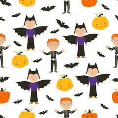 Halloween ghosts. Children in Halloween costumes, pumpkins and bats. Flat illustration. Vector seamless pattern.