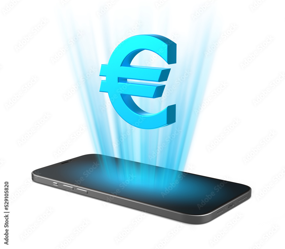 Poster smartphone that projects euro icon from the screen. phone with euro symbol on isolated background. 3
