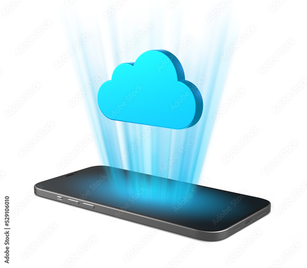 Poster smartphone that projects cloud icon from the screen. phone with cloud symbol on isolated background.