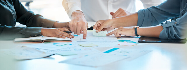 Business teamwork hands, paperwork graphs and planning annual report data, research and office budget. Company discussion with documents in strategy meeting, analytics progress and financial stats - obrazy, fototapety, plakaty