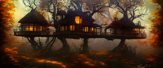 Artistic concept painting of a beautiful tree house, background illustration.