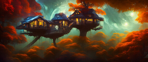 Fototapeta na wymiar Artistic concept painting of a beautiful tree house, background illustration.
